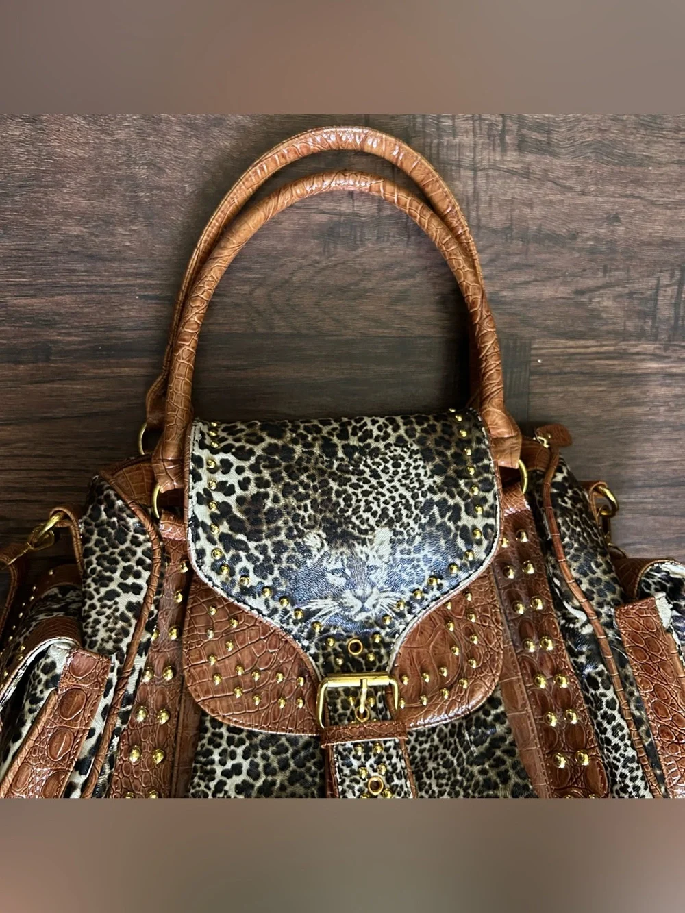 Leopard Print and Brown Studded Satchel Handbag